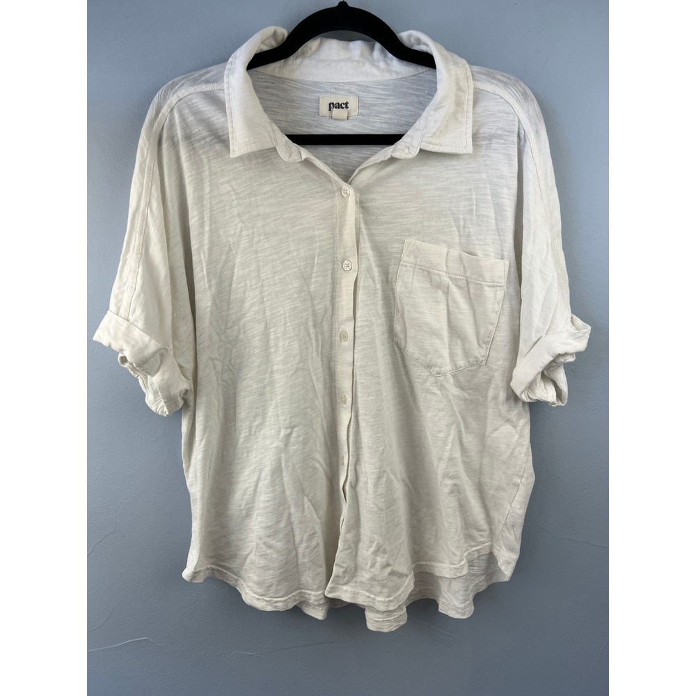 PACT Organic Cotton White Relaxed Fit Button Front White Short Sleeve Top SZL